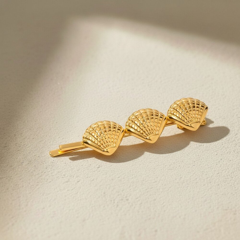 18K Gold Plated Stainless Steel Triple Shell Barrette Coastal Hair Bobby Pin